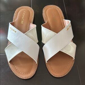 Coach White and Tan Slide Sandals